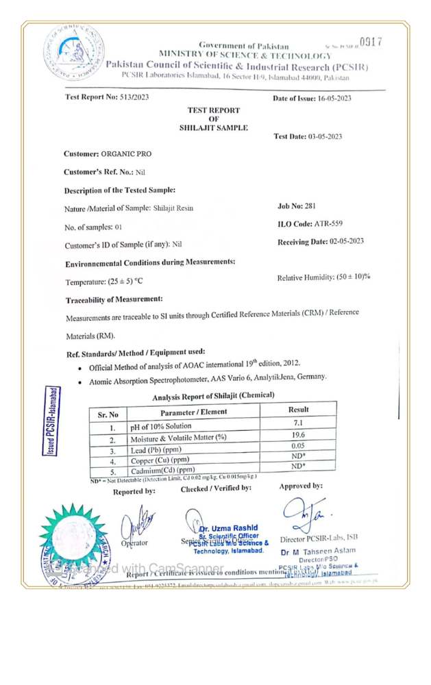 Shilajit PCSIR Certificate